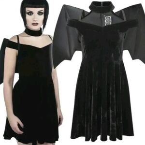 Killstar "Tokyo Nights" Black Velvet Dress With PVC Batwings Size XXL